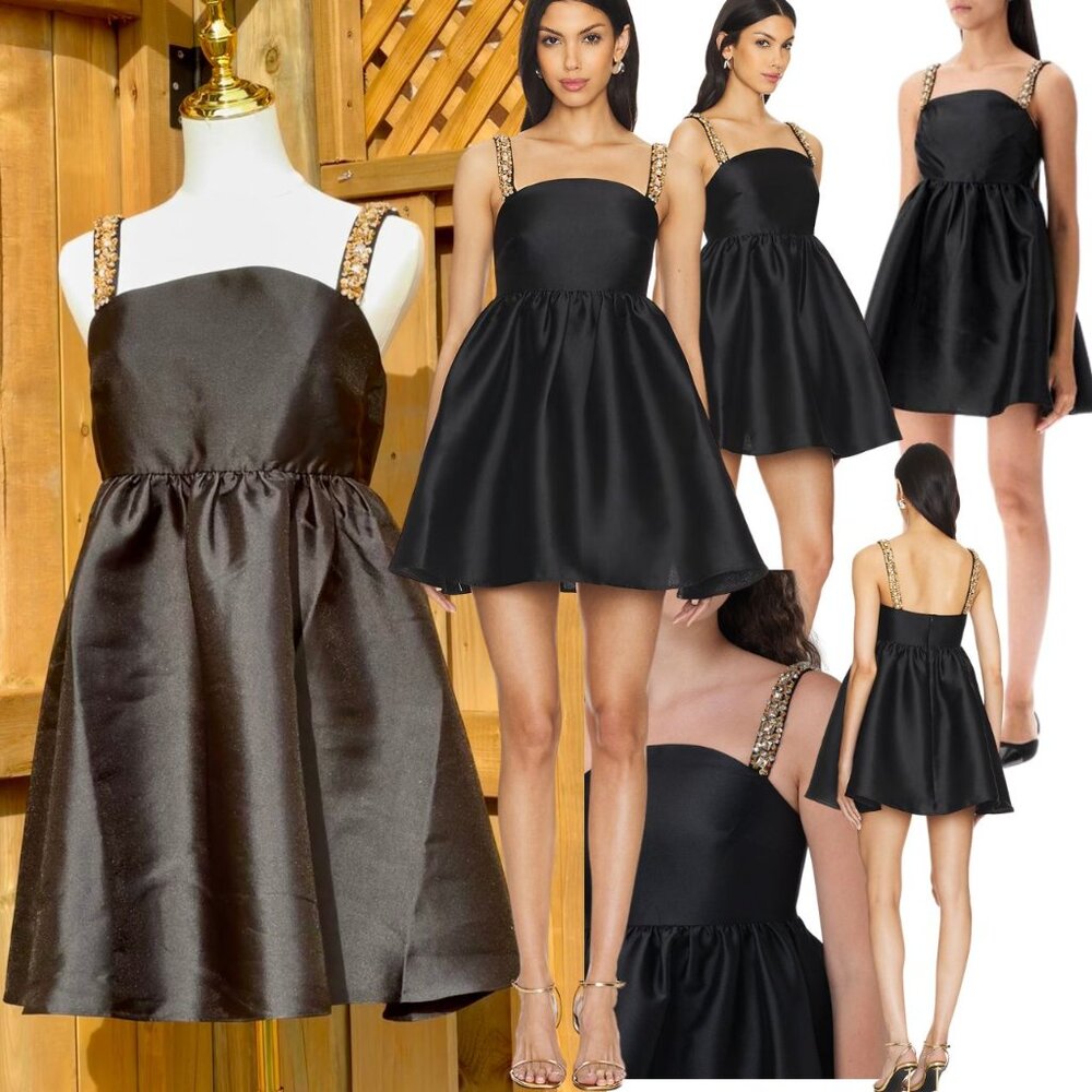 🆕 SELF-PORTRAIT 🧿 NWOT Embellished Taffeta Mini Dress, Black - Sz UK 10 / US 6